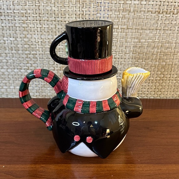 🎄2007 Fitz & Floyd Christmas Snowman Cup Cocoa For One Ceramic Teapot & Teacup - Picture 7 of 13
